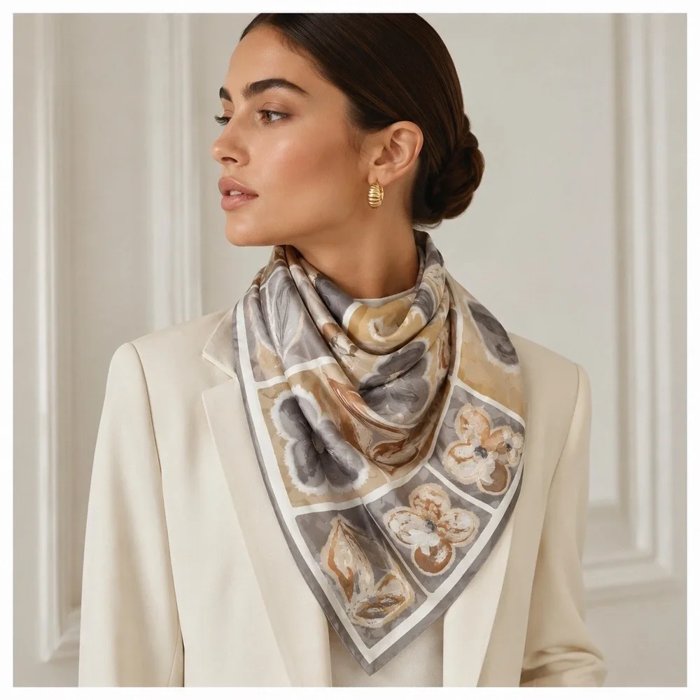 Vintage‎ Floral  Square Scarf Womens Tan Grey Neutral Cottage Classic Old Money